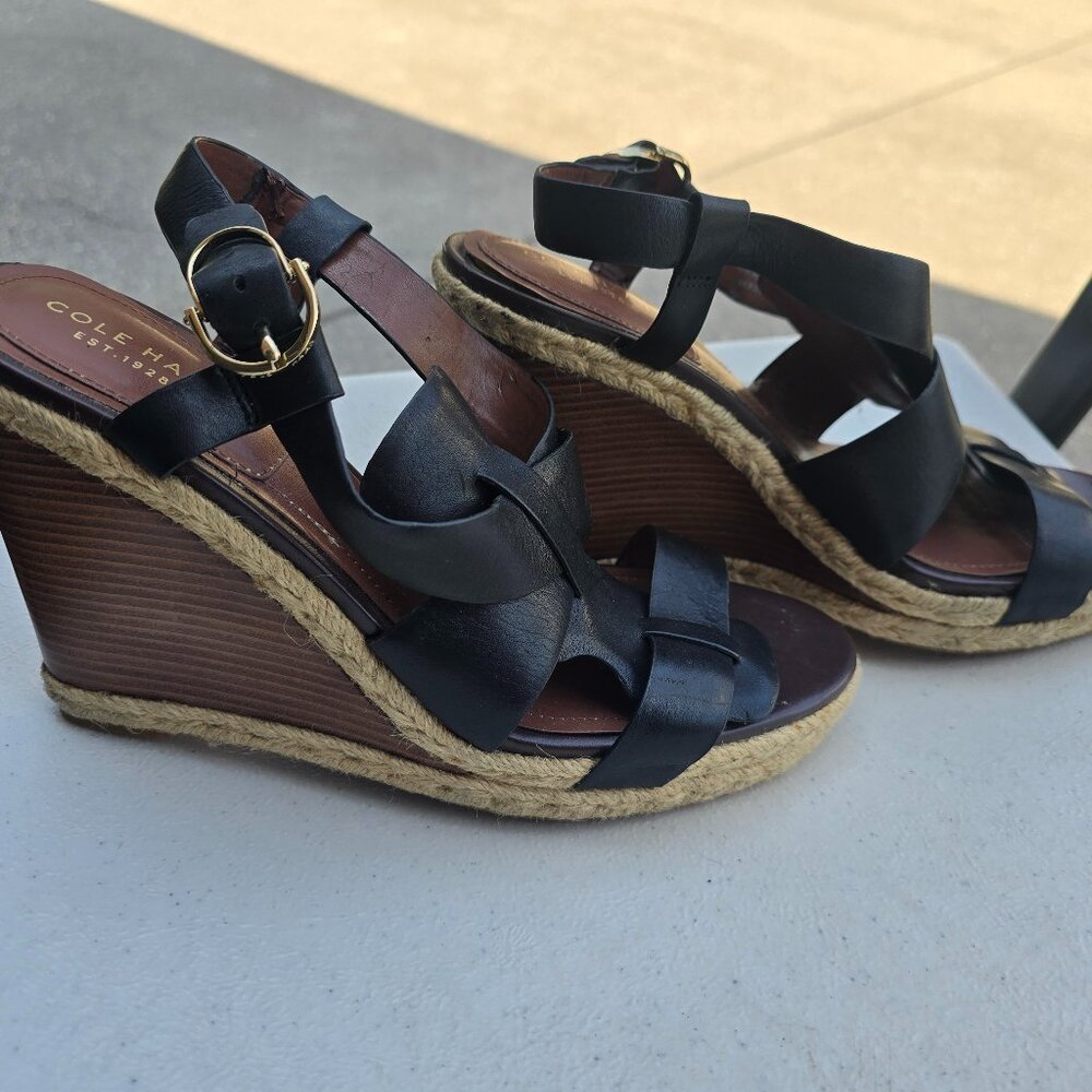Cole Haan Womens Breecey Wedge Leather Sandal Black W02349 - Size 9 B CUTE!